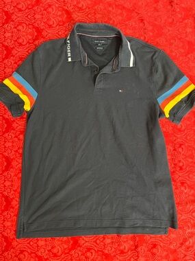 Tommy Hilfiger Black Polo Shirt Men’s XL Custom Fit Stripe Sleeve Logo